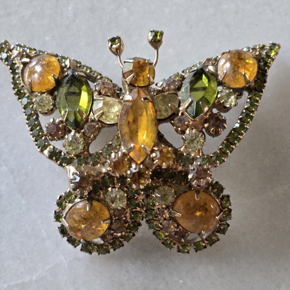 Elegant Jullianna "STYLE" Butterfly Brooch with Green and Gold RhinestoneAccents